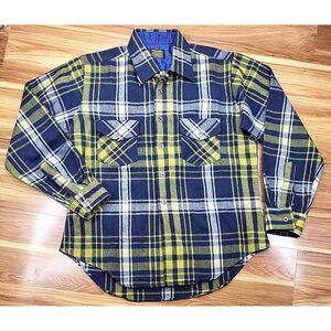 Vtg Sears Perma Prest Wool Flannel Plaid Blue Yellow Button Shirt Men Size Large